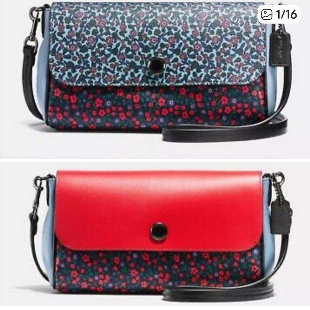 Coach Red and Blue Floral Reversible Snap Crossbody Bag